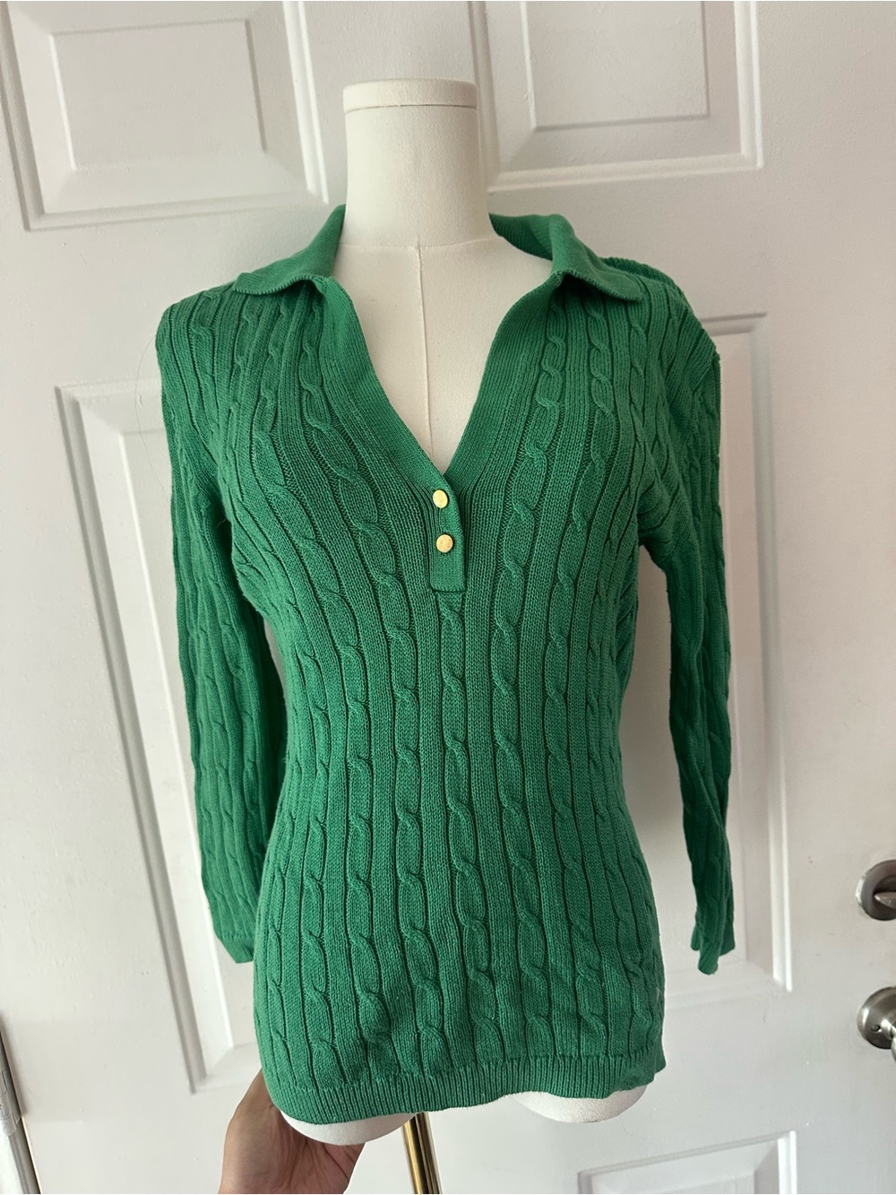 Polo Ralph Lauren Women's Green Cable-Knit Polo Sweater